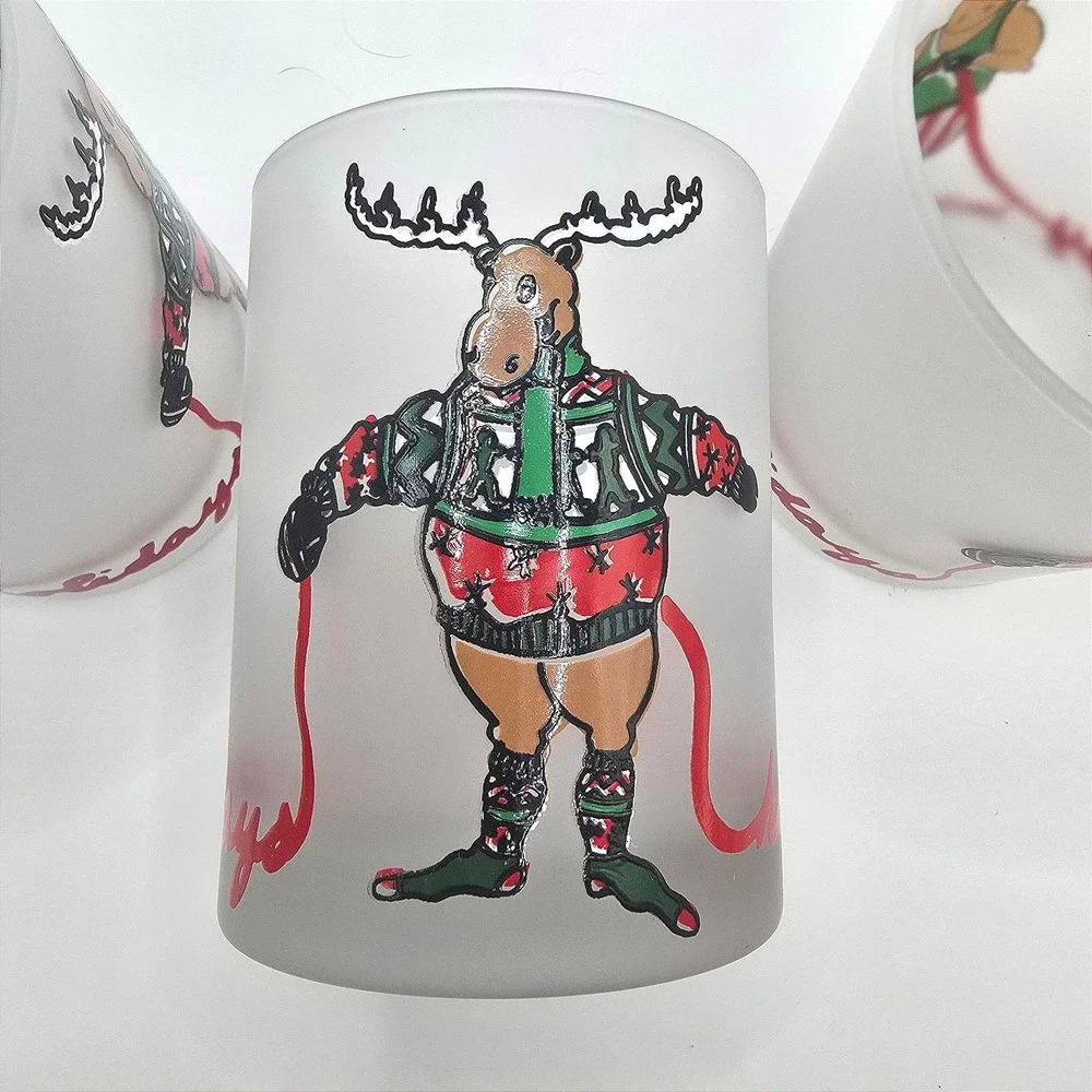 1991 VTG Neiman Marcus Knitting Reindeer Moose‎ Christmas Lowball Glasses Set-3